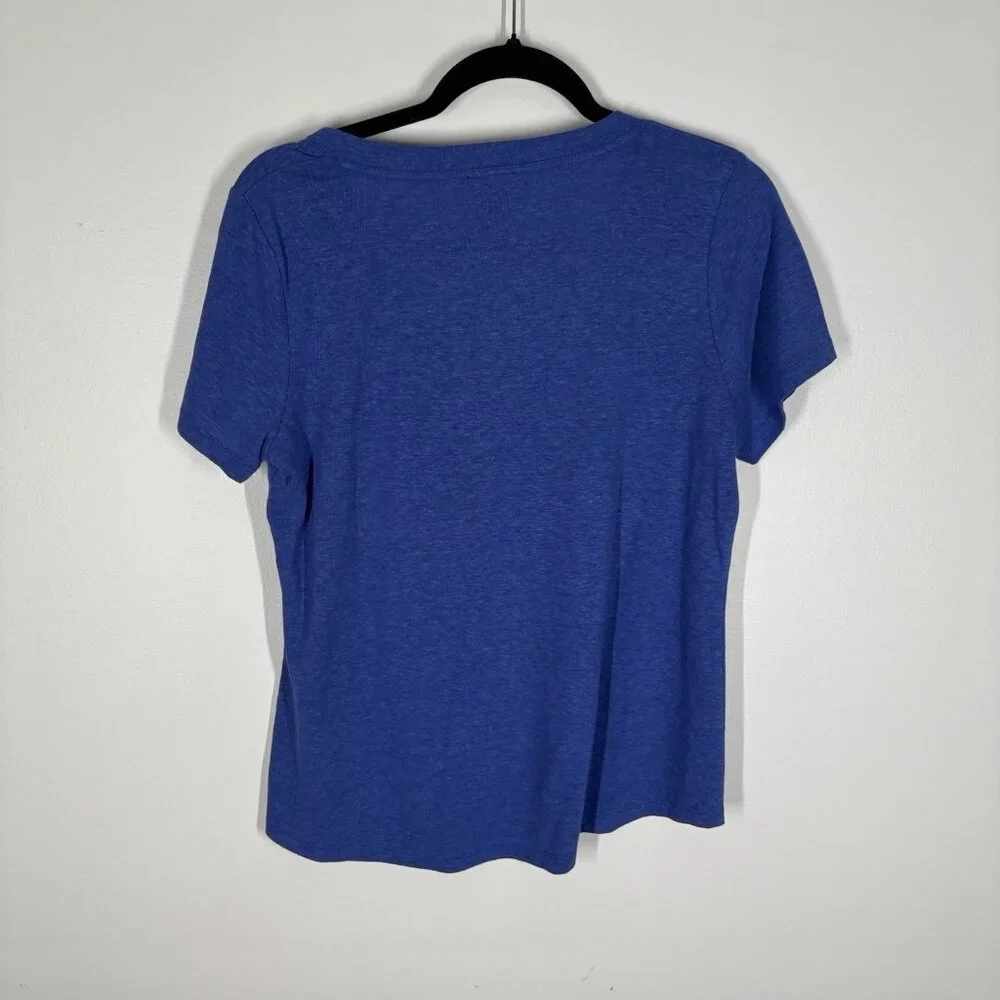 Talbots Petite MP Blue Button Shoulder Scoop Neck Short Sleeve Linen Blend Tee